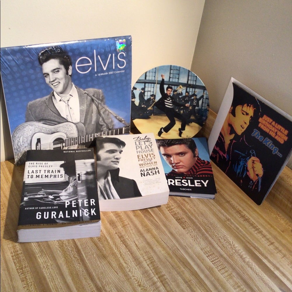 Elvis Presley Collection of Memorabilia - Calendar, Card, 3 Books, And Plate